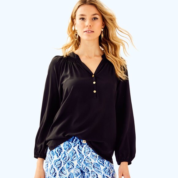 New Lilly Pulitzer Elsa Silk Top, Black, Nior - Picture 2 of 11